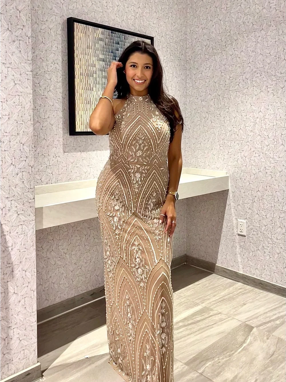 ASOS Champagne Sequin Halter Maxi Dress